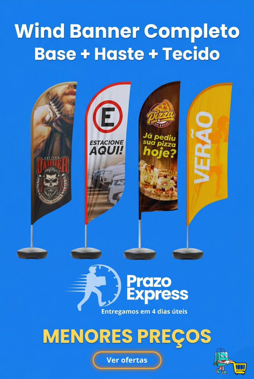 Wind Banner completo com base, haste e tecido personalizado em Cotia.